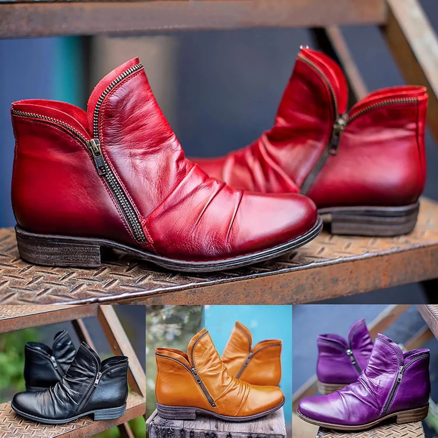Ankle Boots for Women,Womens Western Ankle Boots No Heel Fashion Side Zip Vintage Booties Low Heel Comfortable Shoes