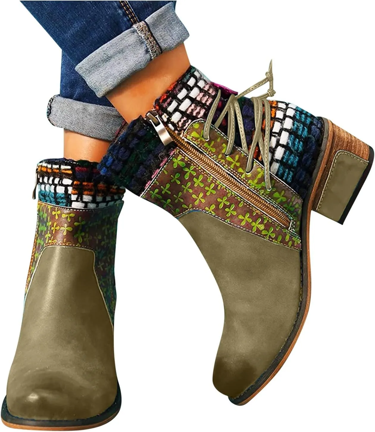 Boots for Women Western Ethnic Zipper Square Heel Ankle Boots for Women Women's Boots Fashion Short Cowboy Boots for Women