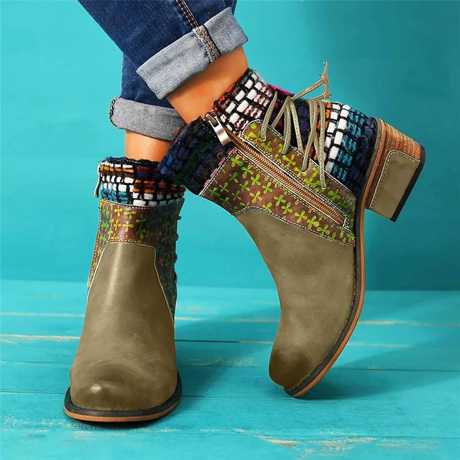 Boots for Women Western Ethnic Zipper Square Heel Ankle Boots for Women Women's Boots Fashion Short Cowboy Boots for Women