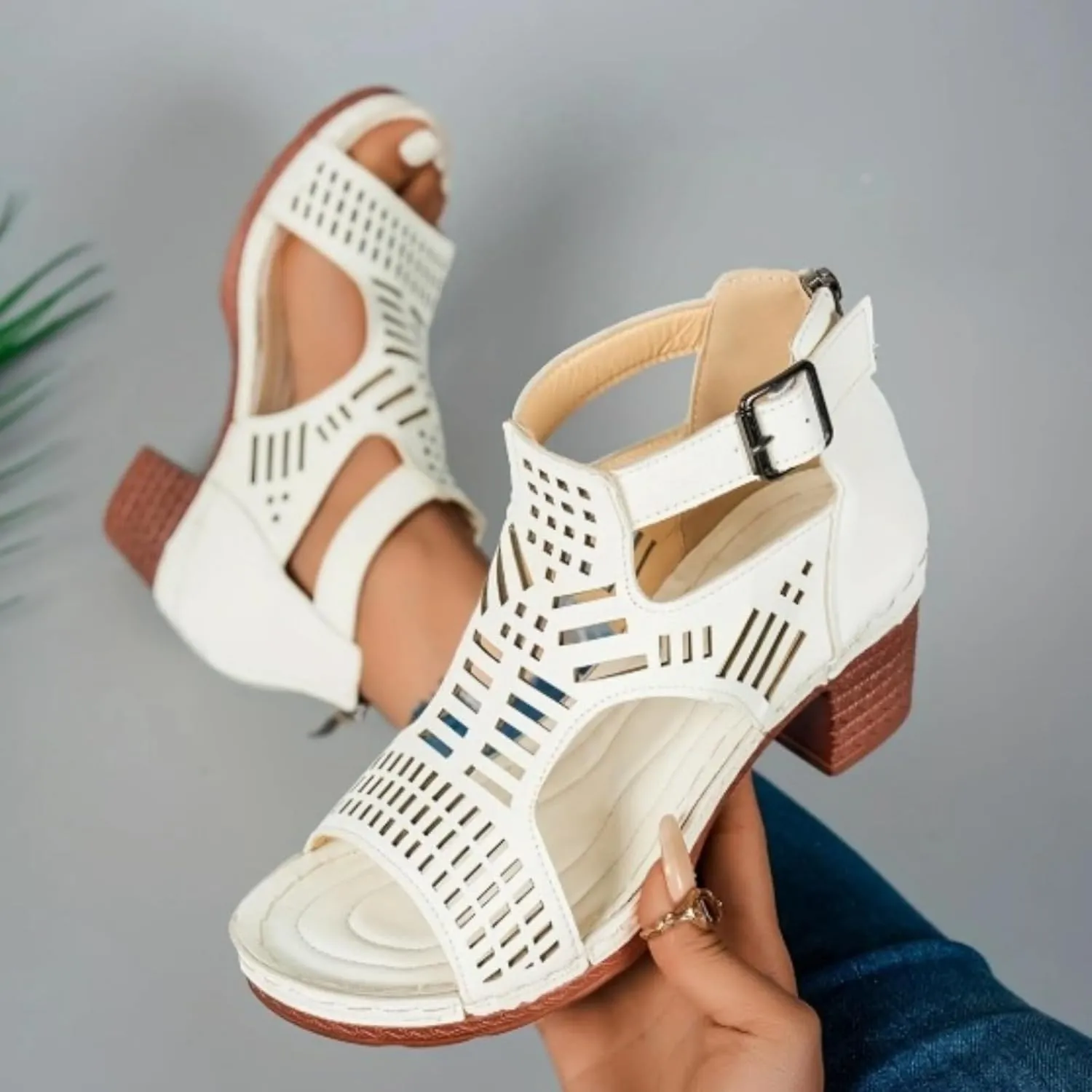 Chunky Heel Sandals for Women Bohemian Cutout Open Toe Summer Block Heeled Party Sandals with Zipper Orthopedic Wedges for Vacation Casual Wear