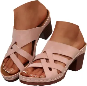 Chunky Heels for Women, Womens Orthopedic Platform Wedge Sandals Dressy Summer Comfortable High Block Heels Slip On Strappy Sandals Dress Shoes for Party Wedding Working