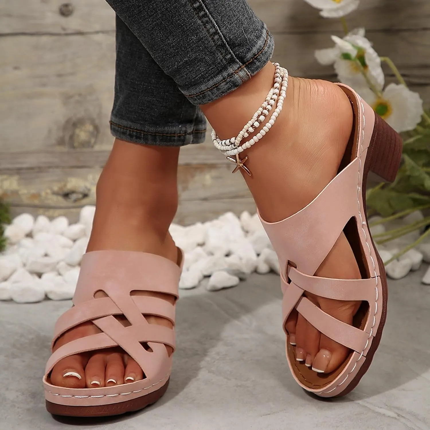 Chunky Heels for Women, Womens Orthopedic Platform Wedge Sandals Dressy Summer Comfortable High Block Heels Slip On Strappy Sandals Dress Shoes for Party Wedding Working