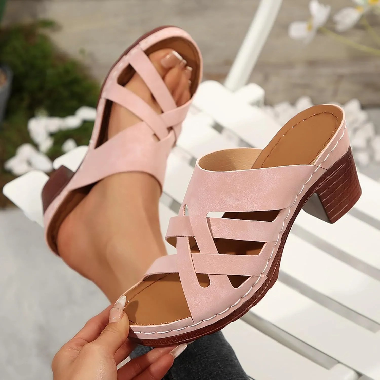 Chunky Heels for Women, Womens Orthopedic Platform Wedge Sandals Dressy Summer Comfortable High Block Heels Slip On Strappy Sandals Dress Shoes for Party Wedding Working