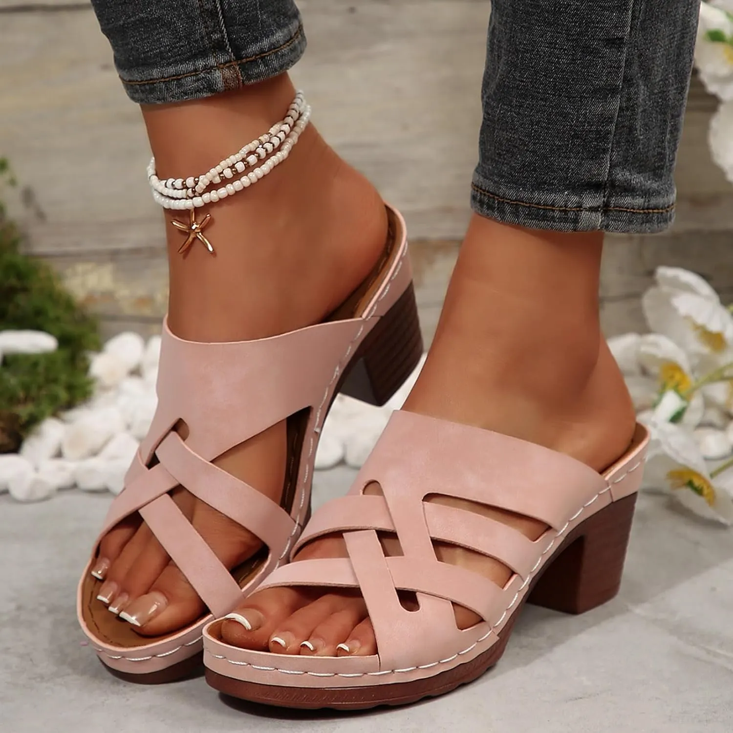 Chunky Heels for Women, Womens Orthopedic Platform Wedge Sandals Dressy Summer Comfortable High Block Heels Slip On Strappy Sandals Dress Shoes for Party Wedding Working