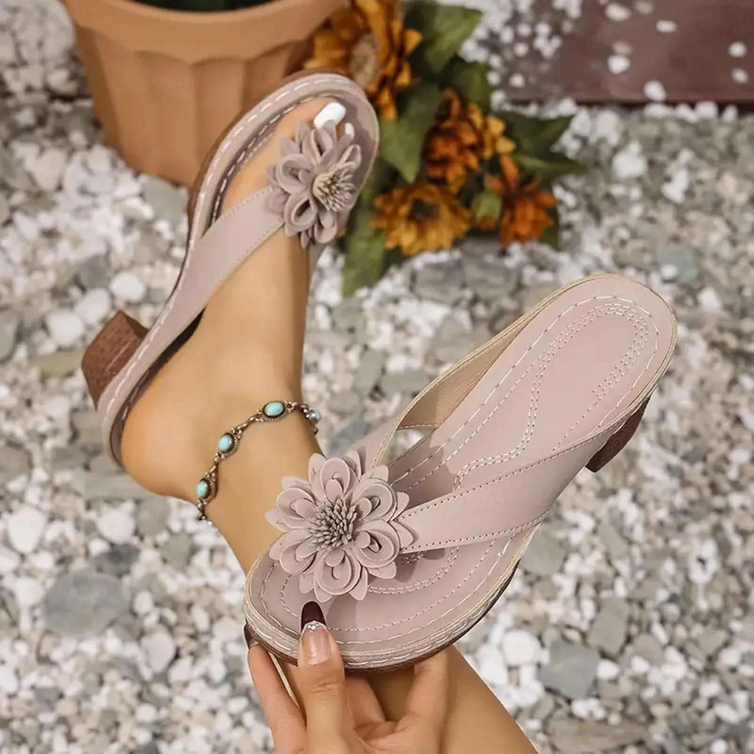 Chunky Sandals for Women, Womens Orthopedic Platform Wedges Dressy Comfortable High Block Heels Slip On Flower Sandals Dress Summer Shoes Flip Flops