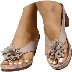 Chunky Sandals for Women, Womens Orthopedic Platform Wedges Dressy Comfortable High Block Heels Slip On Flower Sandals Dress Summer Shoes Flip Flops