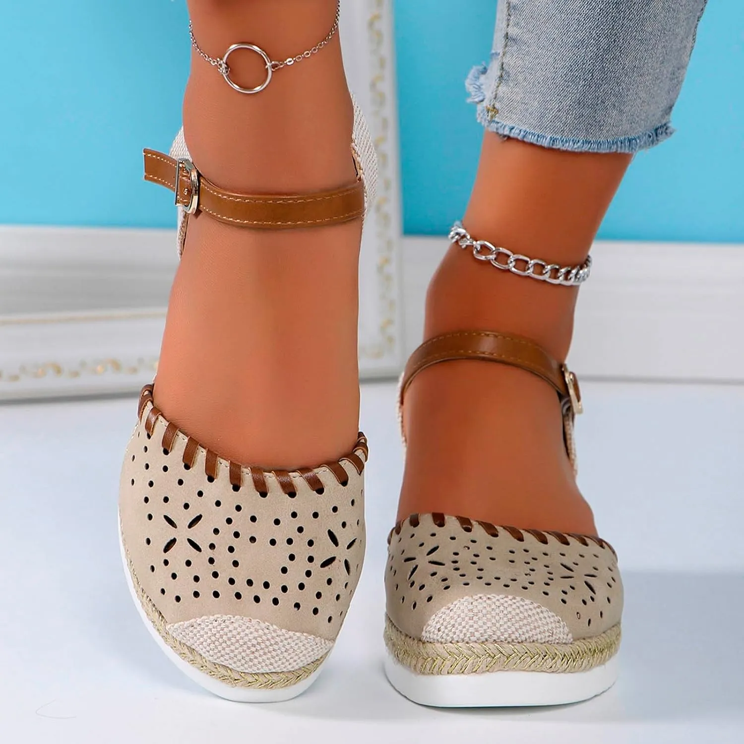 Closed Toe Sandals Women Platform Wedge Heel,Women's Espadrilles Ankle Strap Dressy Casual Wedges Comfortable Anti Slip Summer Shoes