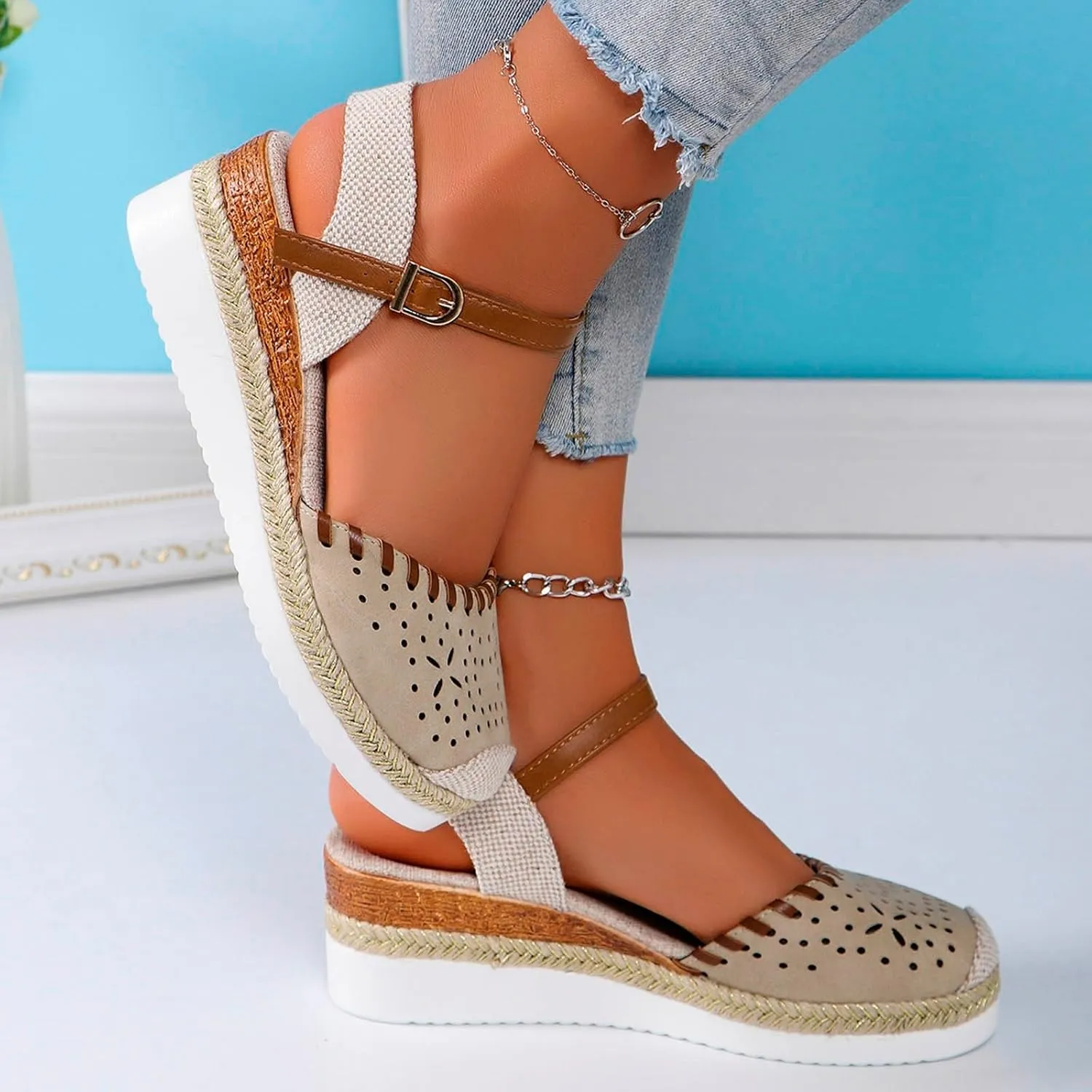 Closed Toe Sandals Women Platform Wedge Heel,Women's Espadrilles Ankle Strap Dressy Casual Wedges Comfortable Anti Slip Summer Shoes