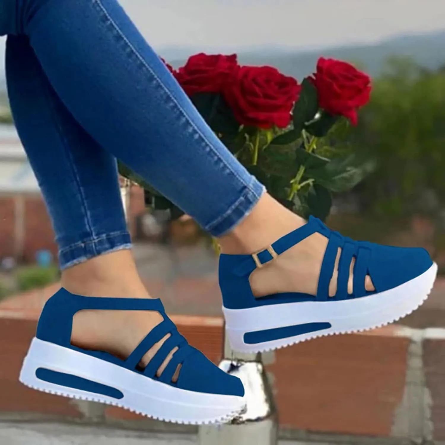 Dotmalls Women's Slip-on Platform Sandals Dress Summer Closed Toe Sandals Ankle Strap Canvas Orthopedic Walking Shoes