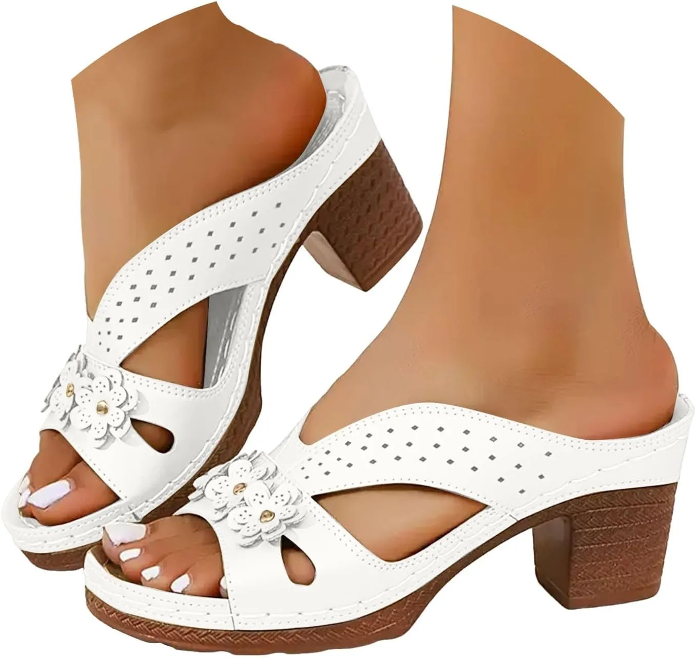 Eduavar Womens Sandals Dressy Slip On Summer Chunky Kitten Heels Wedges Open Toe Slides Slippers Fashion Party Heeled Shoes