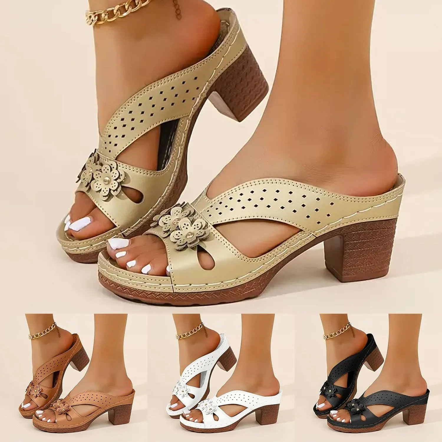 Eduavar Womens Sandals Dressy Slip On Summer Chunky Kitten Heels Wedges Open Toe Slides Slippers Fashion Party Heeled Shoes