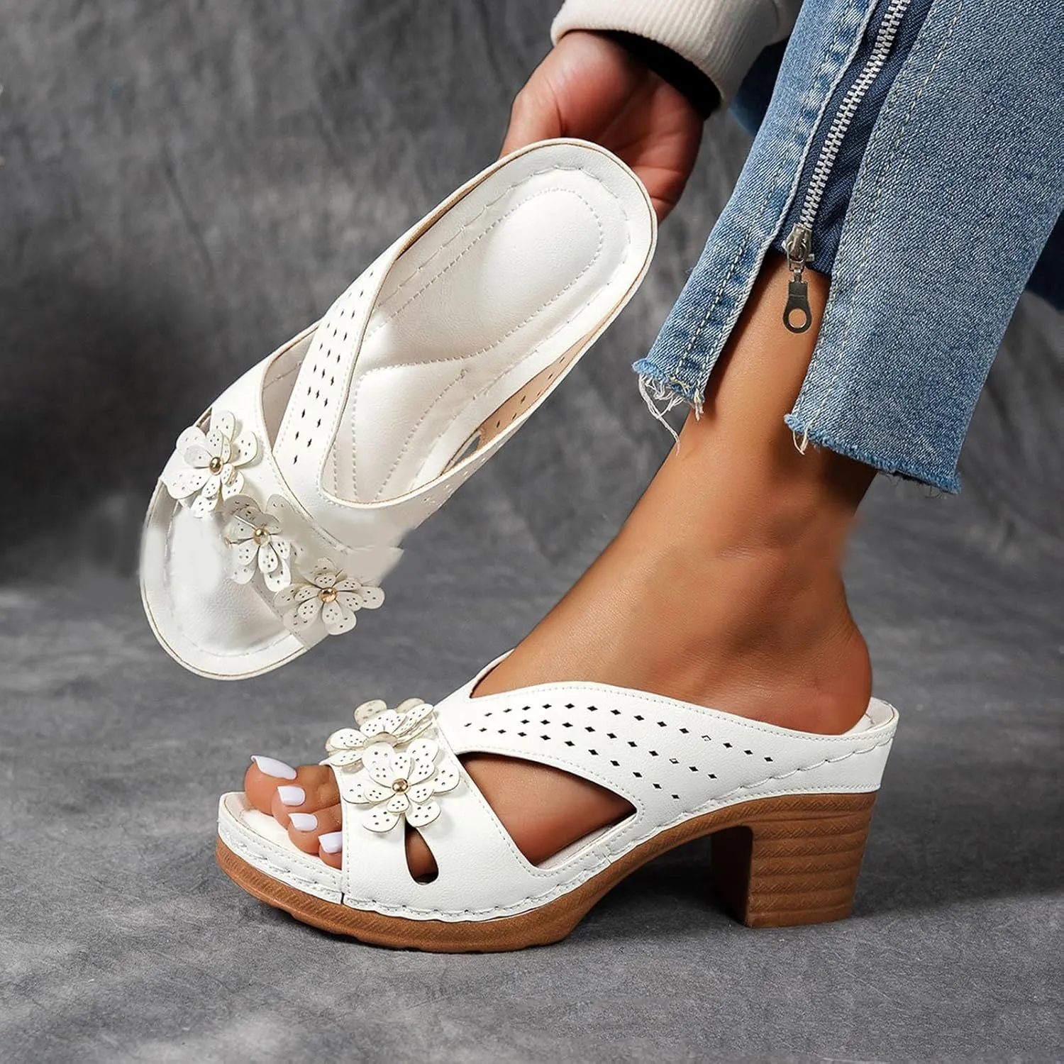 Eduavar Womens Sandals Dressy Slip On Summer Chunky Kitten Heels Wedges Open Toe Slides Slippers Fashion Party Heeled Shoes