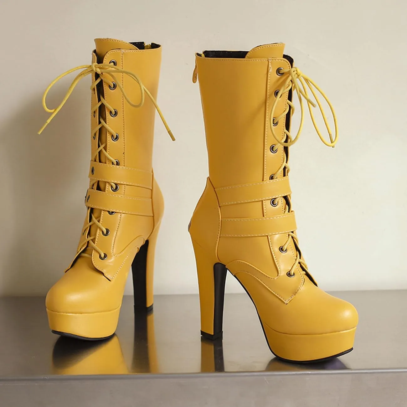 Fashion Womens Chunky High Heels Ankle Boots Lace up Platform Heels Booties