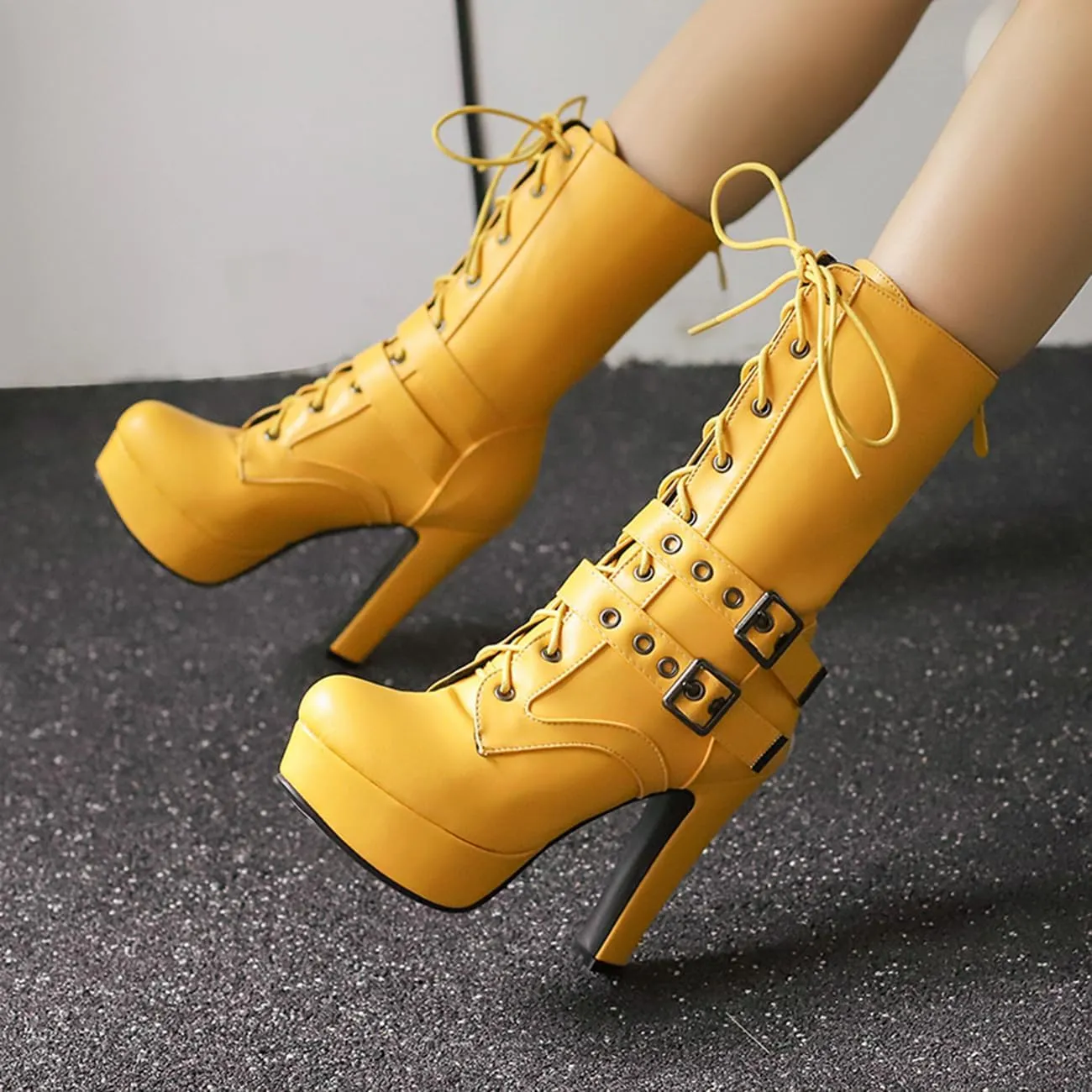 Fashion Womens Chunky High Heels Ankle Boots Lace up Platform Heels Booties