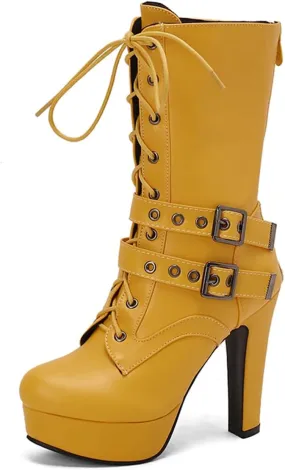 Fashion Womens Chunky High Heels Ankle Boots Lace up Platform Heels Booties