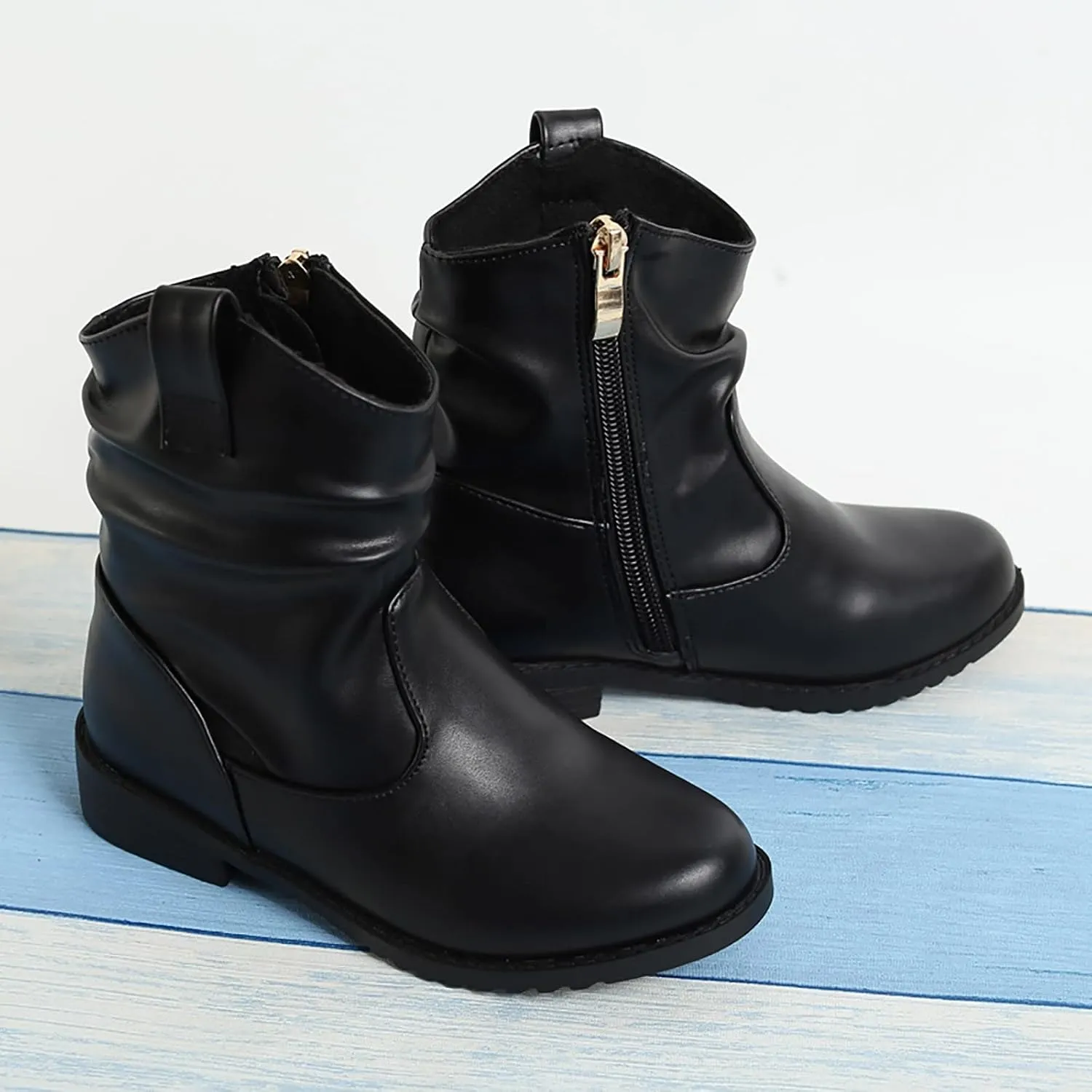 Girls Zip Side Slouchy Boots Western Boots Kids Ankle Boots Girls Low Heel Riding Booties With Toddler Girl Winter