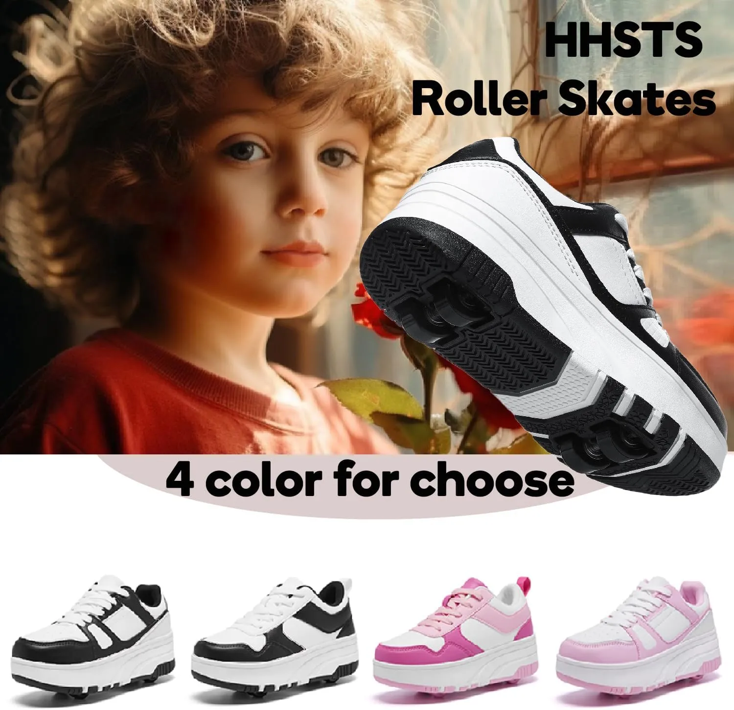 HHSTS Roller Skate Shoes for Kids Boys Girls Upgraded Fashion Sneakers with 4-Wheels for Kids, Versatile Roller Skates Shoes Christmas Birthday Gifts