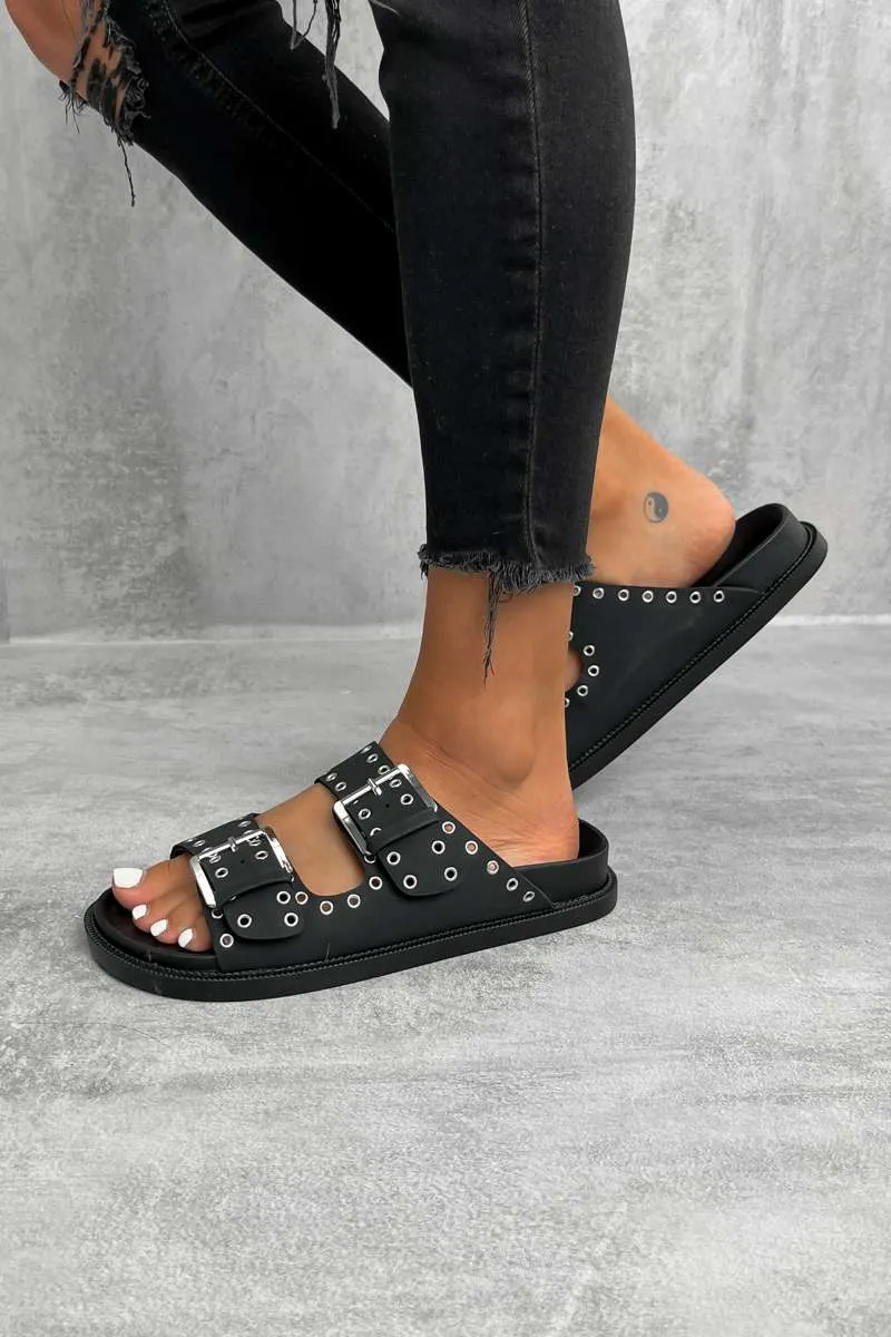 MALIA Chunky Eyelet Slider Sandals - Black