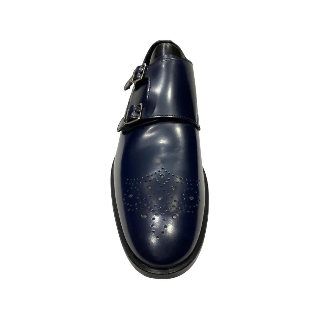 Men’s Blue Shoes Slip On Double Monk Strap Buckle Made in Italy