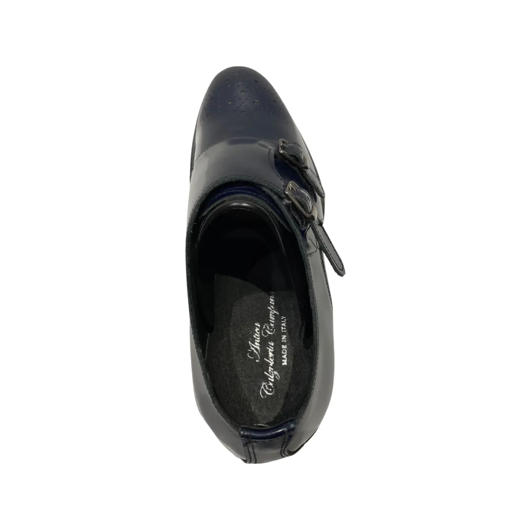 Men’s Blue Shoes Slip On Double Monk Strap Buckle Made in Italy
