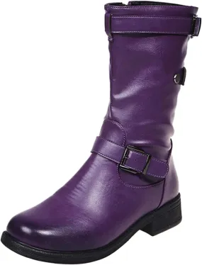Mid Calf Boots for Women Low Hee Winter Boots for Women 2024 Round Toe Leather Square Heel Zipper Solid Boots