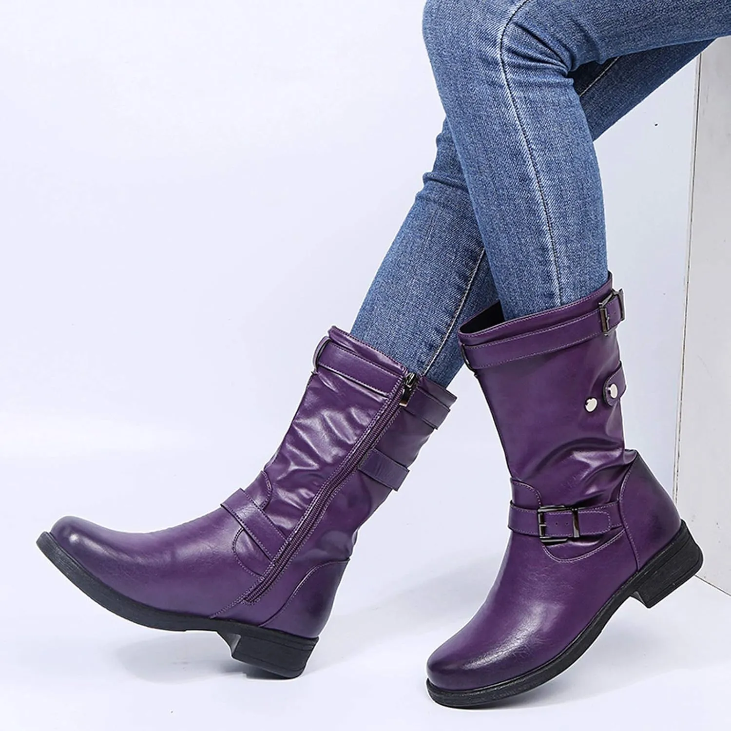 Mid Calf Boots for Women Low Hee Winter Boots for Women 2024 Round Toe Leather Square Heel Zipper Solid Boots