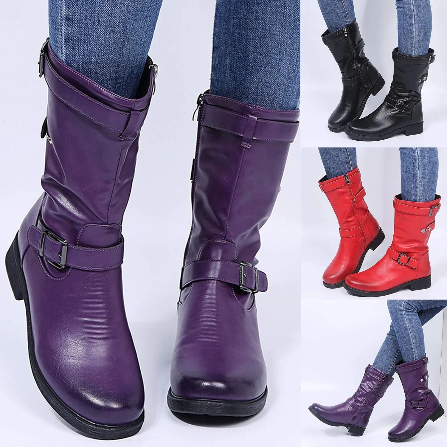 Mid Calf Boots for Women Low Hee Winter Boots for Women 2024 Round Toe Leather Square Heel Zipper Solid Boots