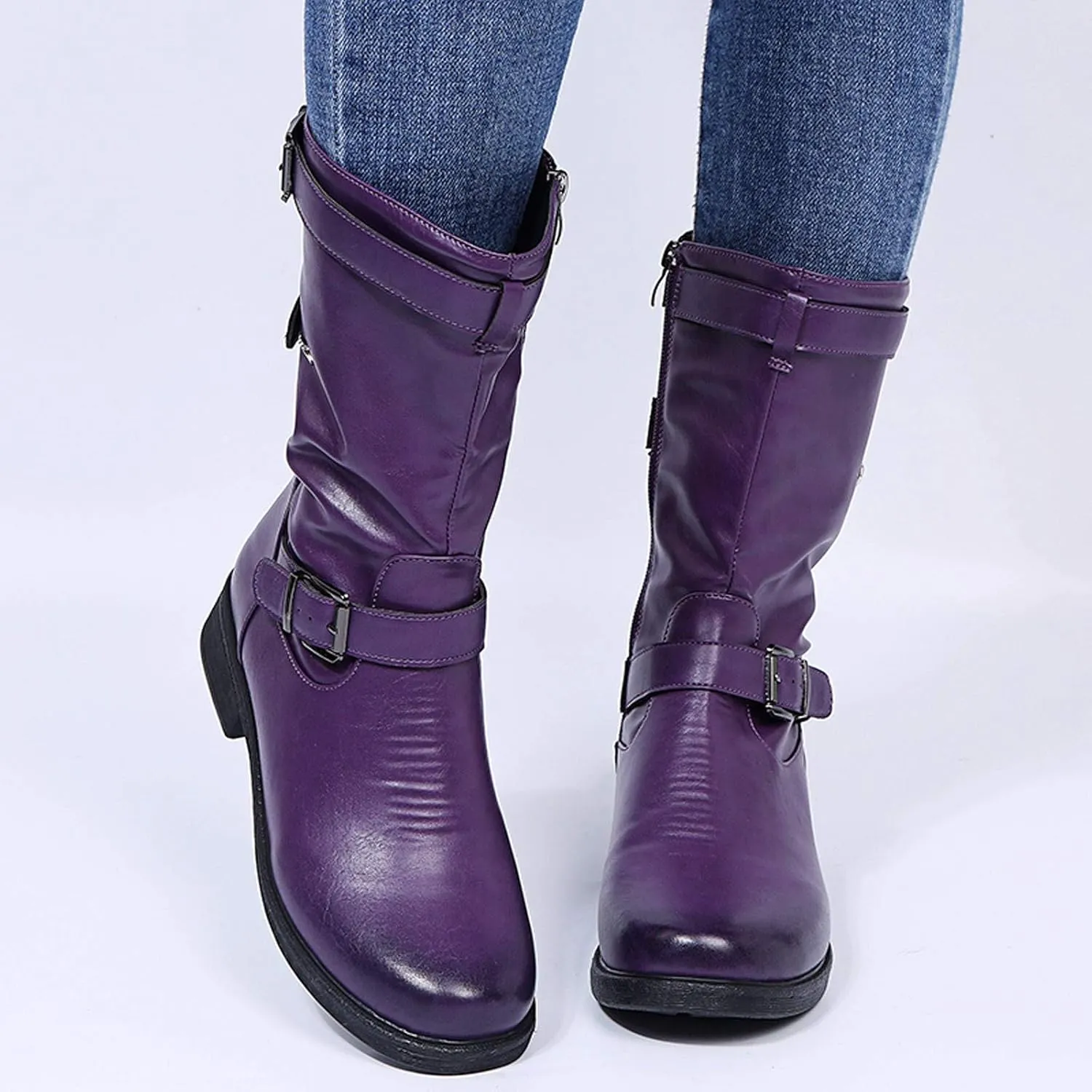 Mid Calf Boots for Women Low Hee Winter Boots for Women 2024 Round Toe Leather Square Heel Zipper Solid Boots