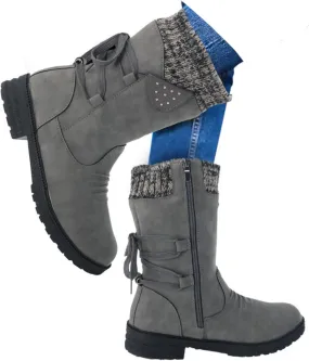 Mid Calf Boots for Women,Vintage Knit Patchwork Ruched Low Heels Winter Boots with Side Zipper Back Lace Up Warm Boots Round Toe Calf Length Riding Boots