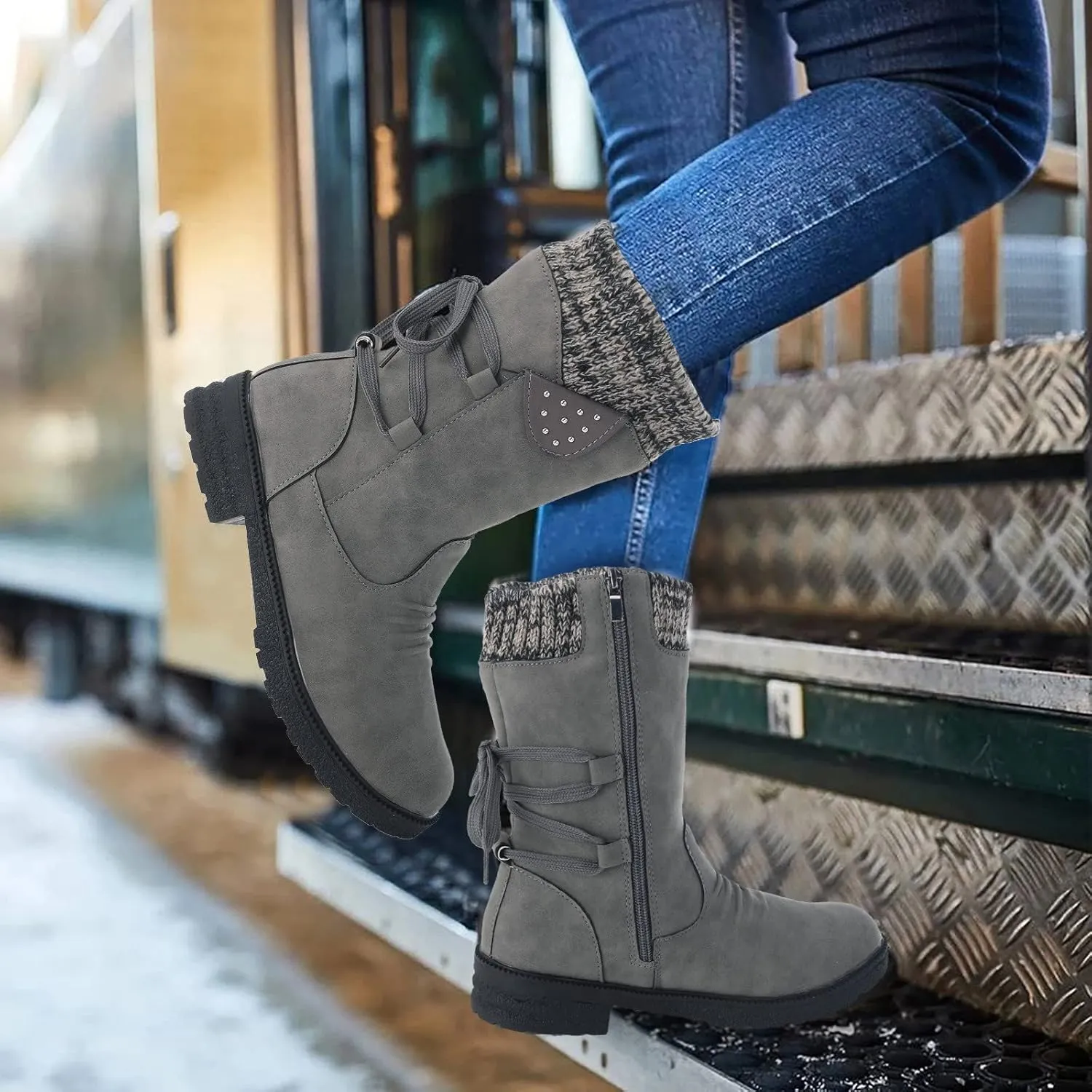 Mid Calf Boots for Women,Vintage Knit Patchwork Ruched Low Heels Winter Boots with Side Zipper Back Lace Up Warm Boots Round Toe Calf Length Riding Boots