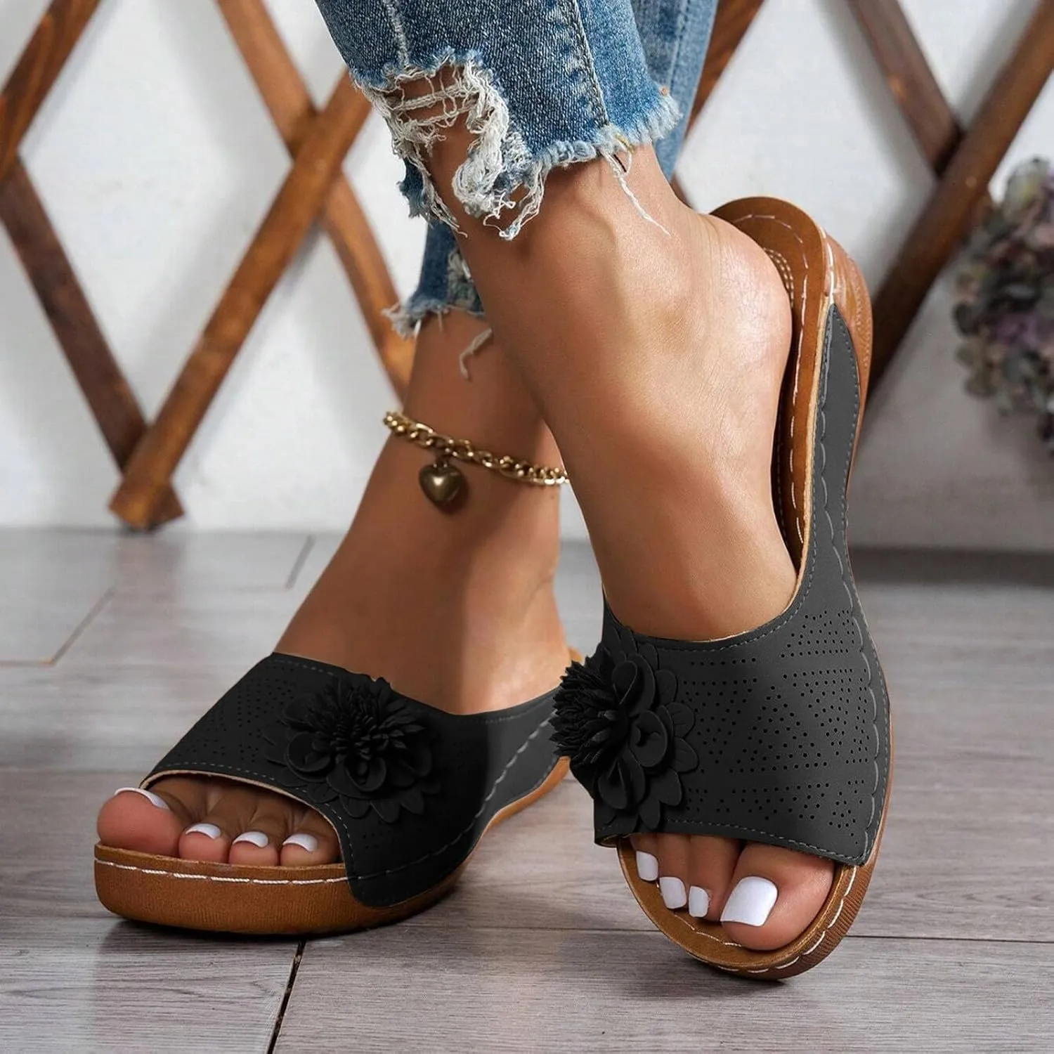 Orthopedic Sandals for Women Arch Support, Womens Summer Shoes 2025, Low Wedge Sandals Retro Bohemian Suede Leather Floral Breathable Slip On Orthopedic Arch Support Slide Sandal