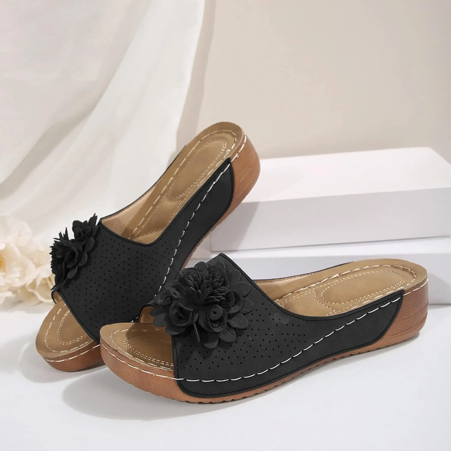 Orthopedic Sandals for Women Arch Support, Womens Summer Shoes 2025, Low Wedge Sandals Retro Bohemian Suede Leather Floral Breathable Slip On Orthopedic Arch Support Slide Sandal