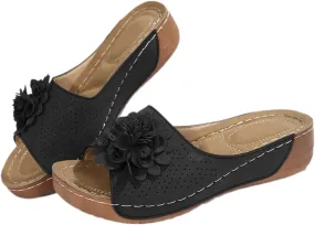 Orthopedic Sandals for Women Arch Support, Womens Summer Shoes 2025, Low Wedge Sandals Retro Bohemian Suede Leather Floral Breathable Slip On Orthopedic Arch Support Slide Sandal