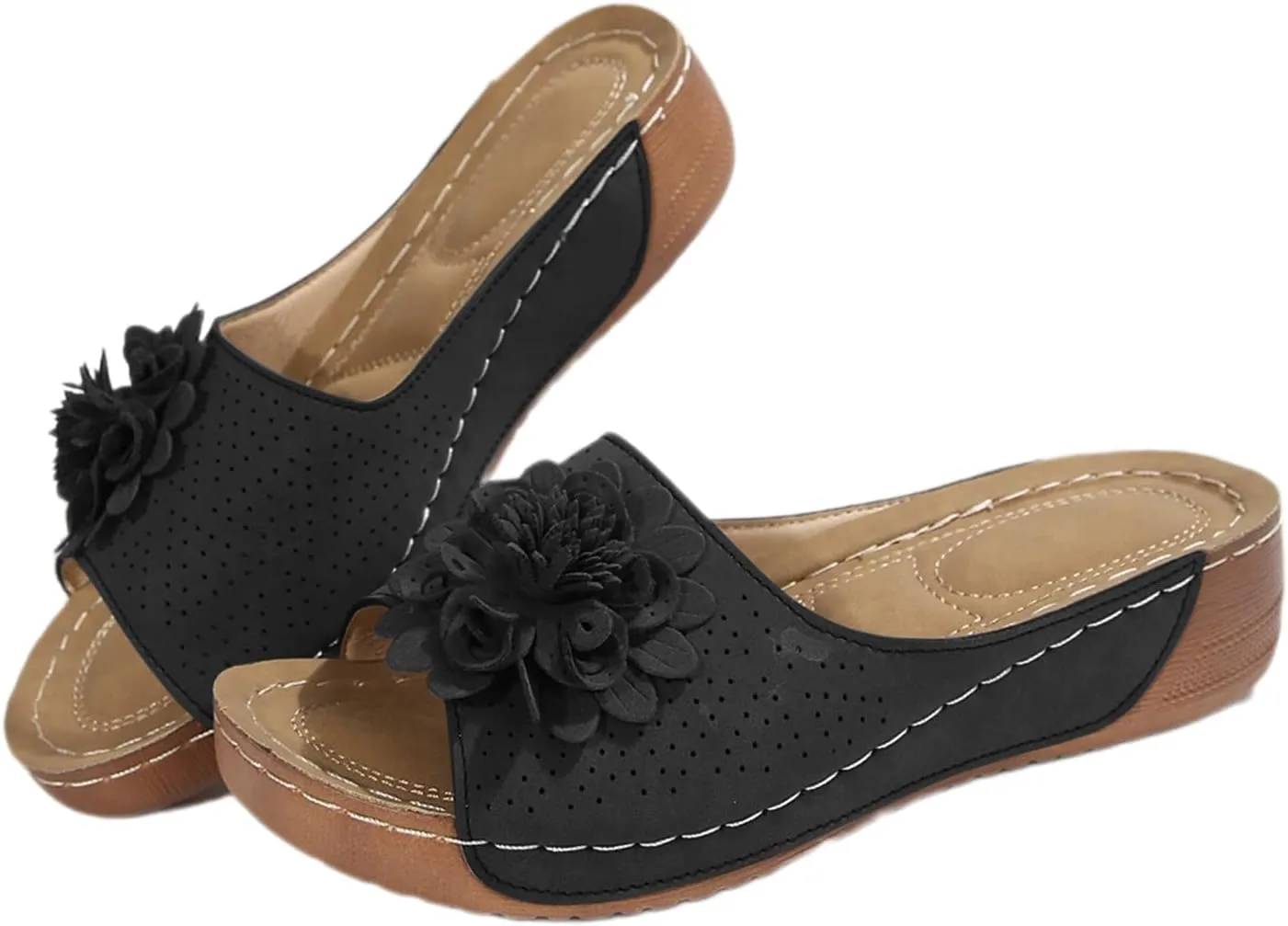 Orthopedic Sandals for Women Arch Support, Womens Summer Shoes 2025, Low Wedge Sandals Retro Bohemian Suede Leather Floral Breathable Slip On Orthopedic Arch Support Slide Sandal