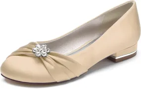 Round Toe Satin Flats Wedding Shoes for Bride Comfortable Bridal Flats Rhinestones Prom Evening Party Dress Pumps for Women