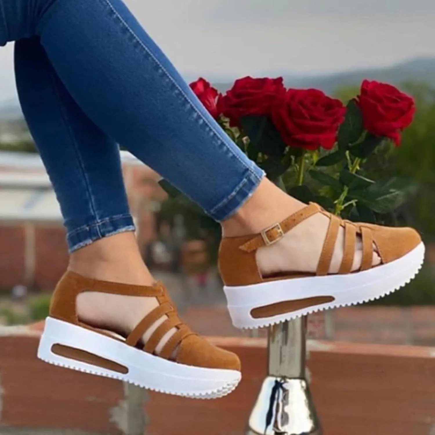 Sandals for Women Dressy Summer Casual Closed Toe Ankle Strap Espadrilles Wedge Comfortable Brown 2025 Shoes Cutout Low Wedges Slip on Buckle Outdoor Orthopedic Platform Sneakers