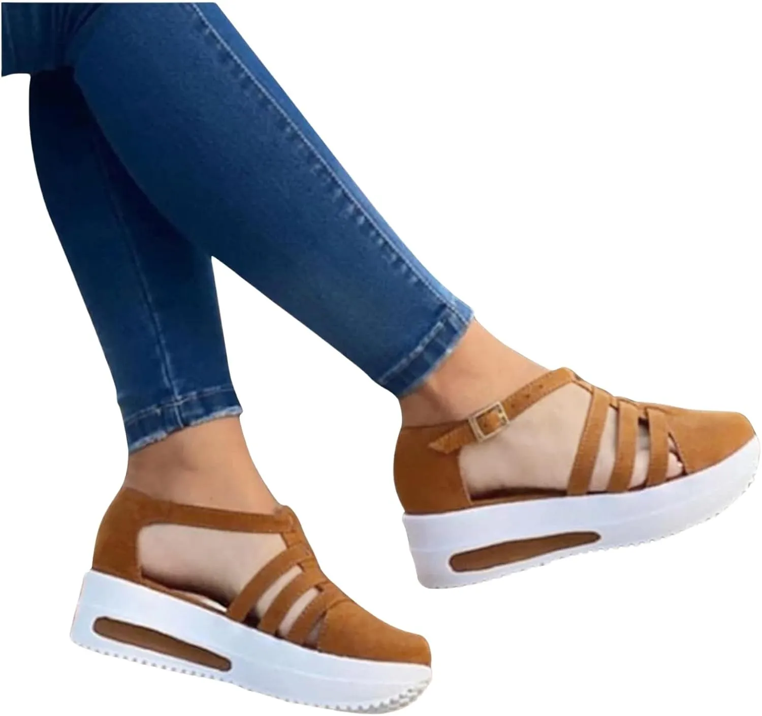 Sandals for Women Dressy Summer Casual Closed Toe Ankle Strap Espadrilles Wedge Comfortable Brown 2025 Shoes Cutout Low Wedges Slip on Buckle Outdoor Orthopedic Platform Sneakers
