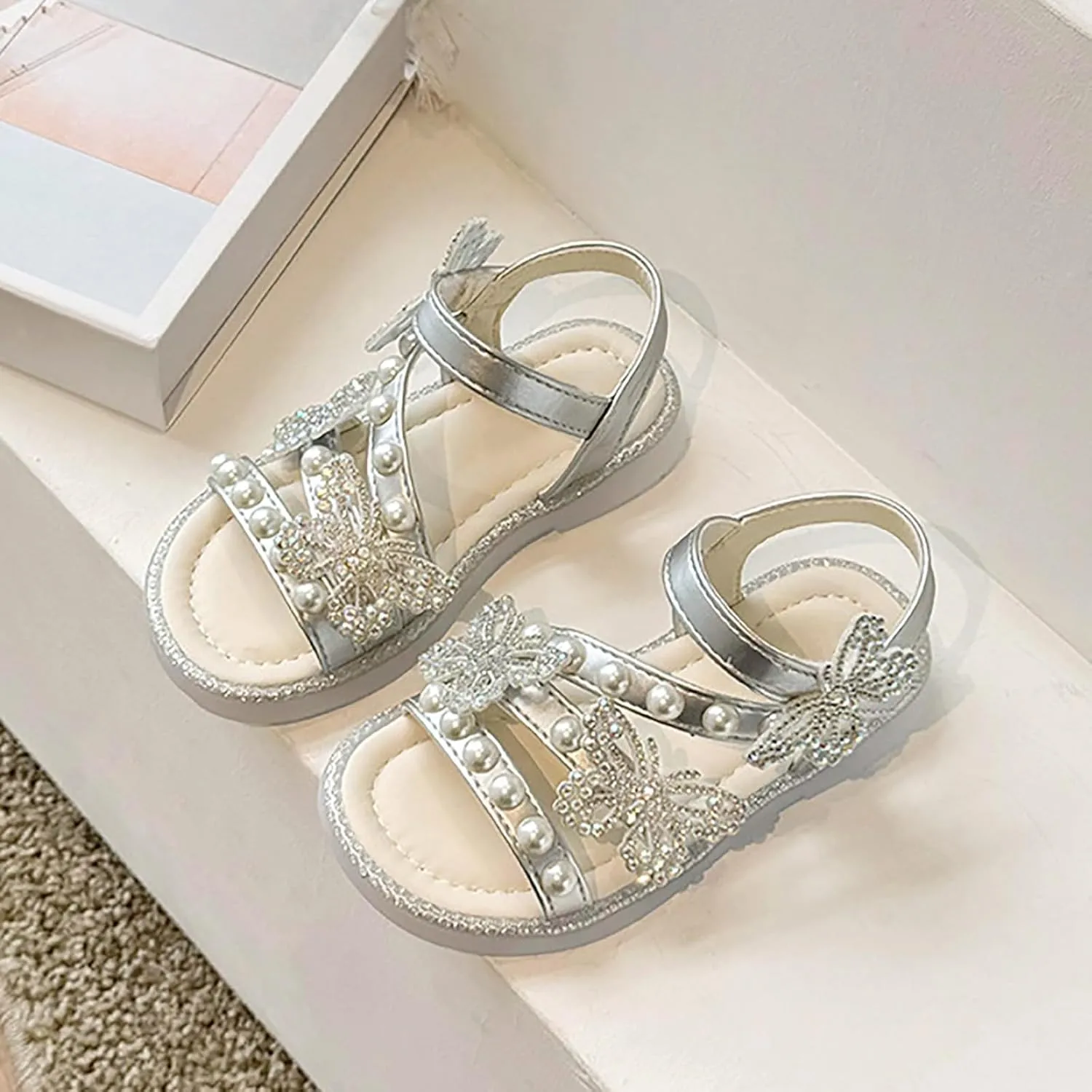 Sandals Kids Girls Summer Girls' Sandals Korean Edition Little Girls' Pearl Open Toe Shoes Kids Pool Sandals
