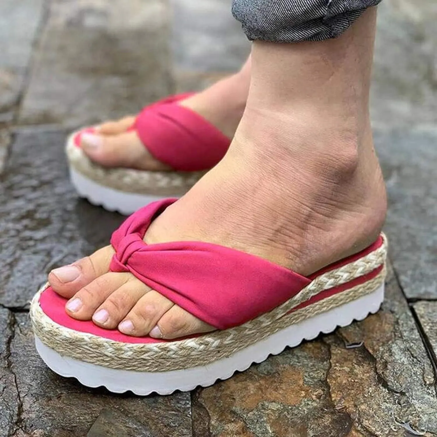 Smoneyful Womens Espadrille Sandals Wedge Platform Bowknot Open Toe Slip Flip Flops Casual Summer Vacation Beach Slippers Sandals