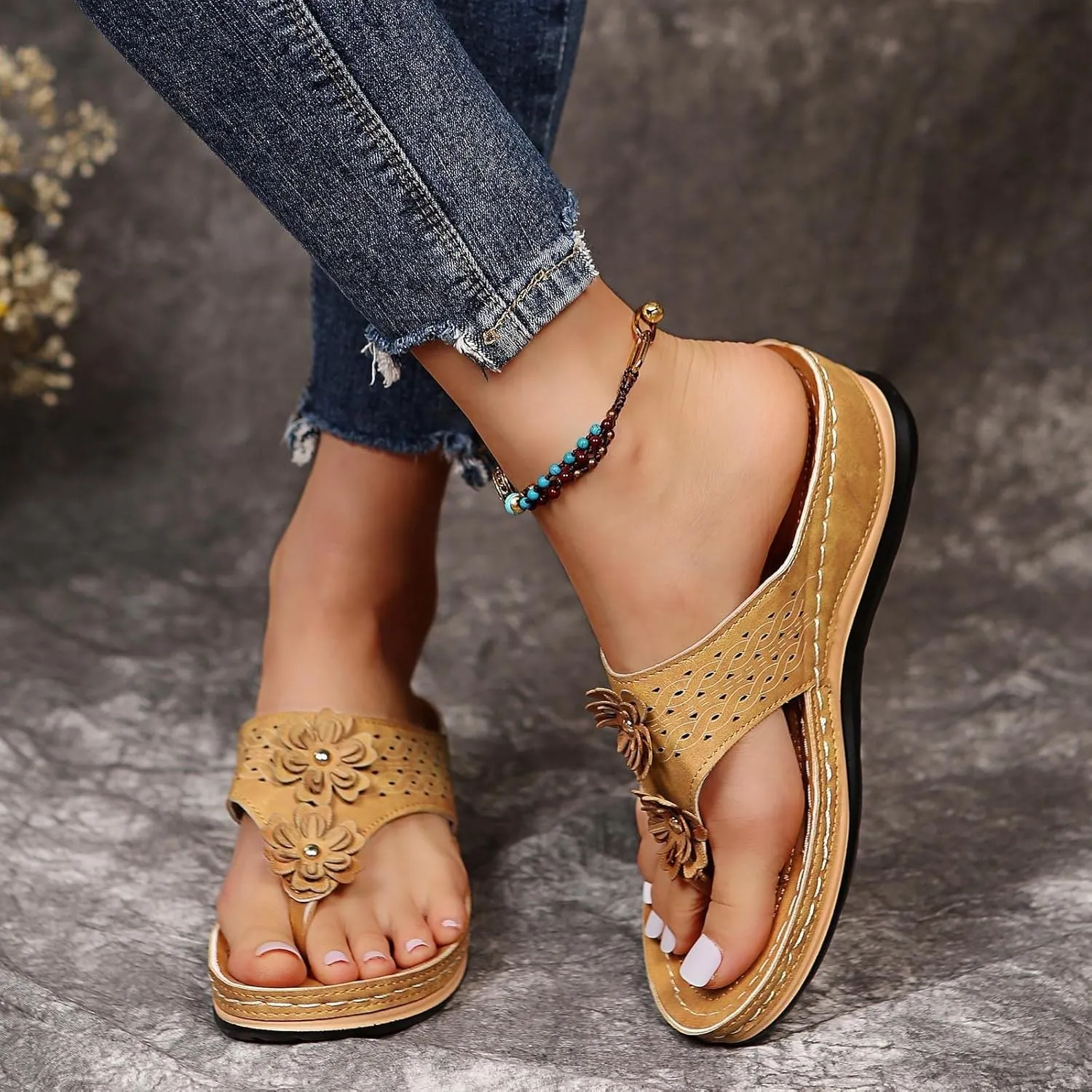 Smoneyful Women's Orthopedic Sandals Arch Support Wedge Cushion Platform Breathable Mesh Hollow Comfort Cut Out Vamp Open Toe Dressy Summer Casual Walking Flip Flops Slide Sandals