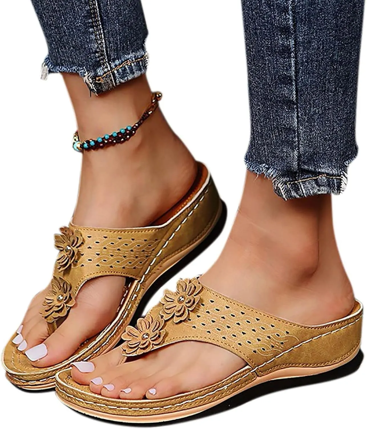 Smoneyful Women's Orthopedic Sandals Arch Support Wedge Cushion Platform Breathable Mesh Hollow Comfort Cut Out Vamp Open Toe Dressy Summer Casual Walking Flip Flops Slide Sandals