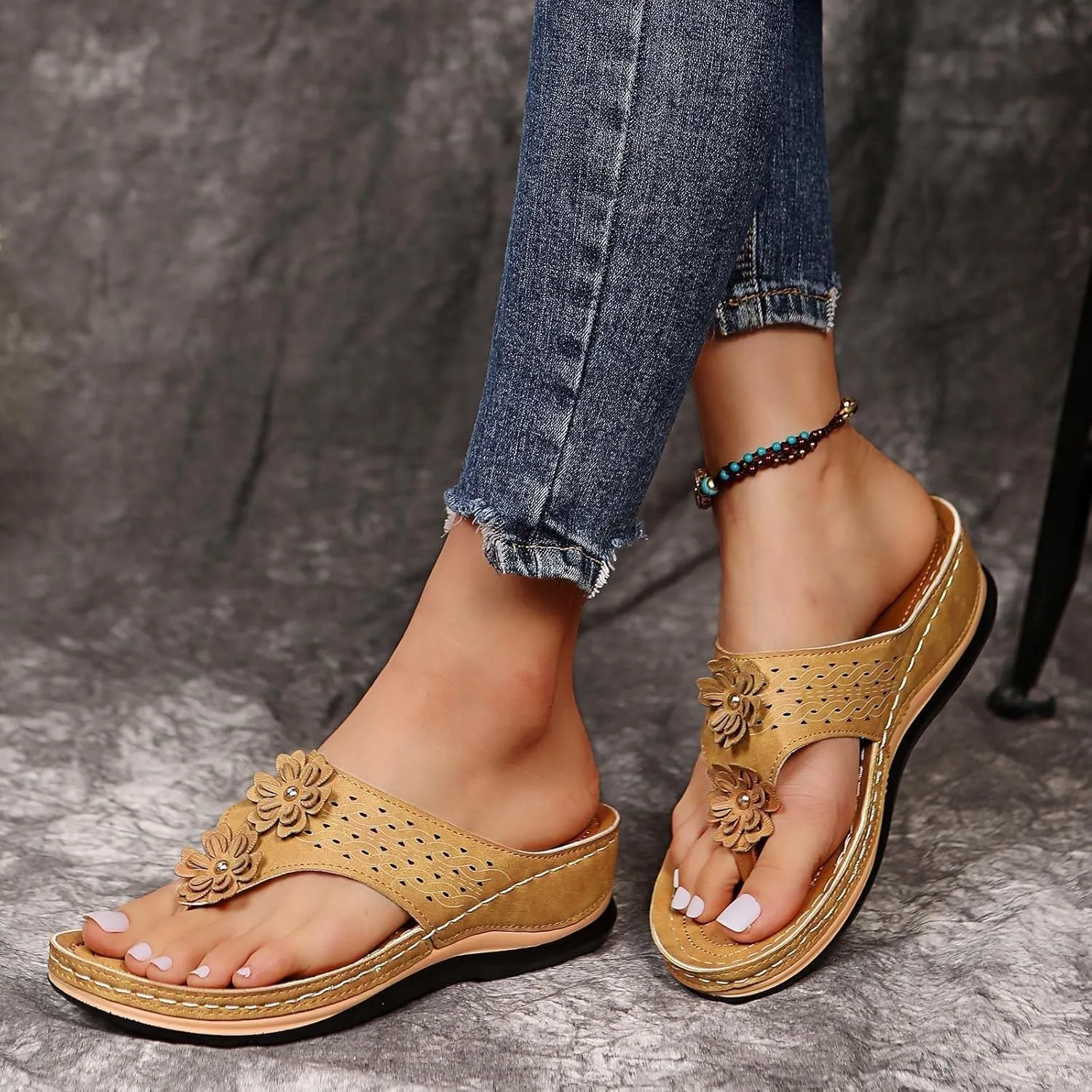 Smoneyful Women's Orthopedic Sandals Arch Support Wedge Cushion Platform Breathable Mesh Hollow Comfort Cut Out Vamp Open Toe Dressy Summer Casual Walking Flip Flops Slide Sandals