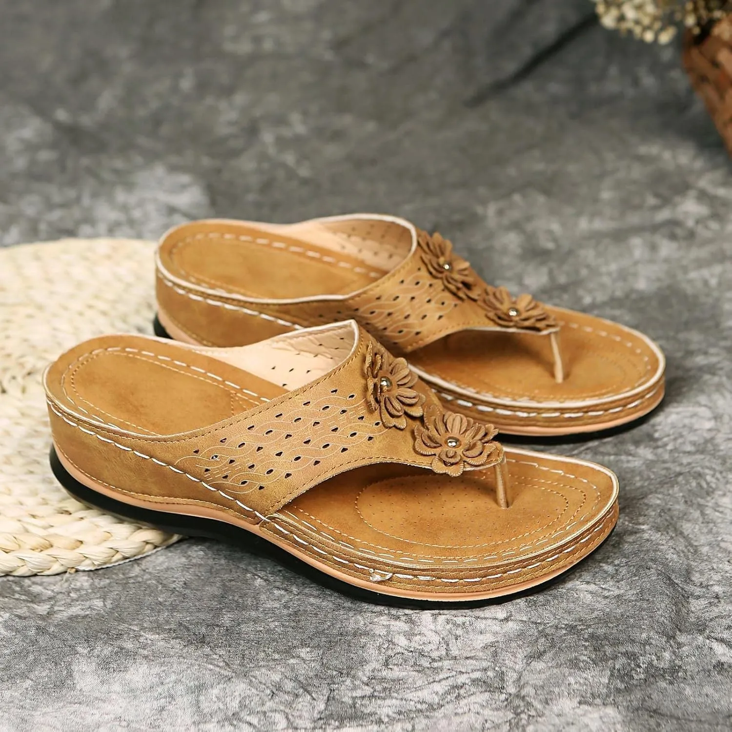 Smoneyful Women's Orthopedic Sandals Arch Support Wedge Cushion Platform Breathable Mesh Hollow Comfort Cut Out Vamp Open Toe Dressy Summer Casual Walking Flip Flops Slide Sandals