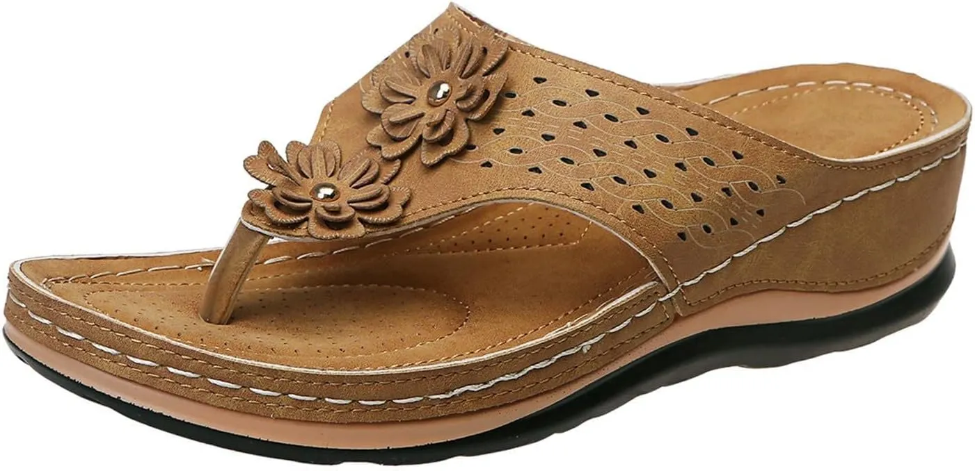 Smoneyful Women's Orthopedic Sandals Arch Support Wedge Cushion Platform Breathable Mesh Hollow Comfort Cut Out Vamp Open Toe Dressy Summer Casual Walking Flip Flops Slide Sandals