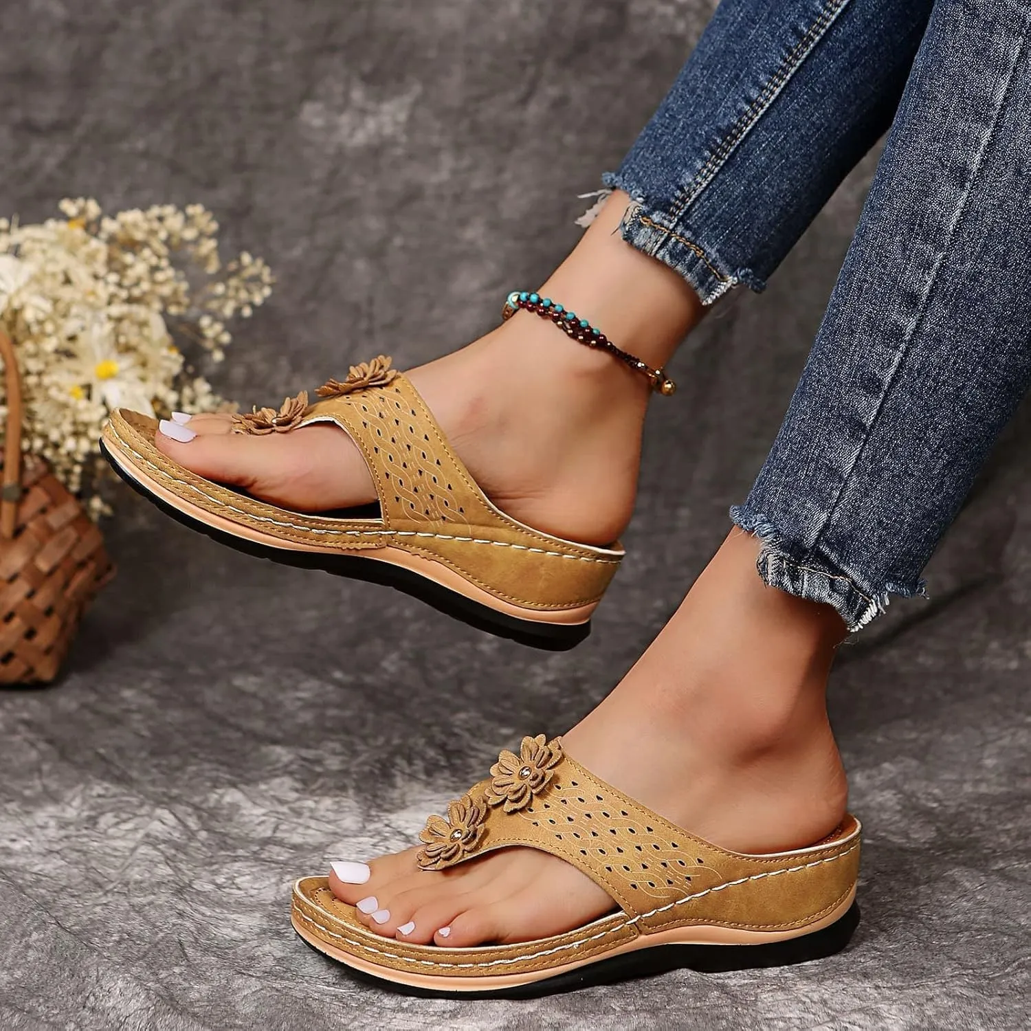 Smoneyful Women's Orthopedic Sandals Arch Support Wedge Cushion Platform Breathable Mesh Hollow Comfort Cut Out Vamp Open Toe Dressy Summer Casual Walking Flip Flops Slide Sandals