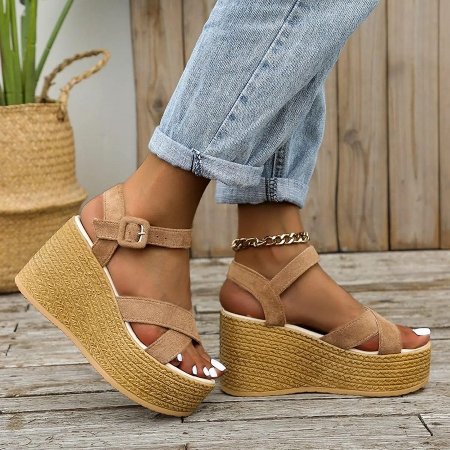 Smoneyful Women's Platform Espadrilles Wedge Sandals Open Toe Ankle Strap Buckle Cross Band Comfortable High Heel Dressy Summer Sandals