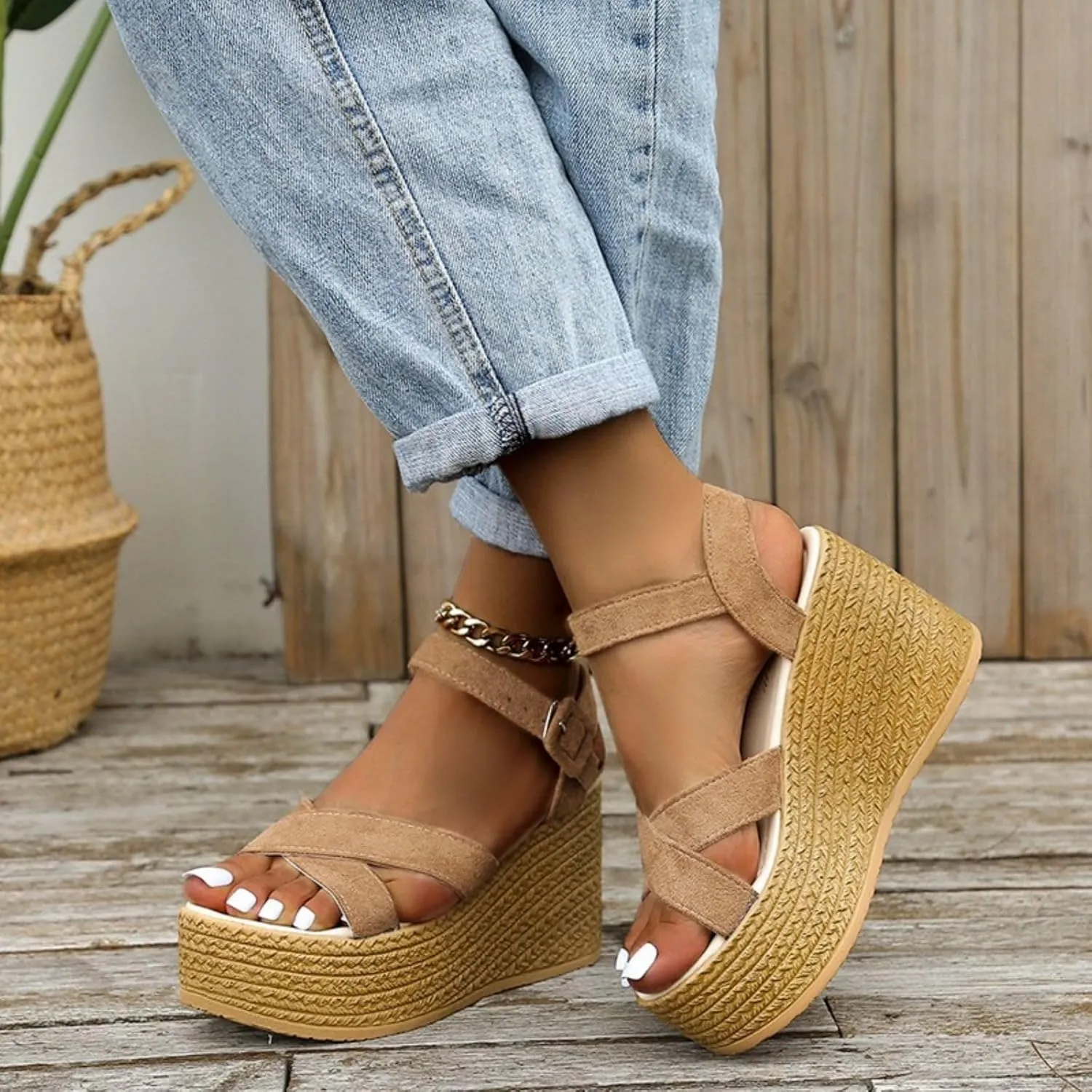 Smoneyful Women's Platform Espadrilles Wedge Sandals Open Toe Ankle Strap Buckle Cross Band Comfortable High Heel Dressy Summer Sandals