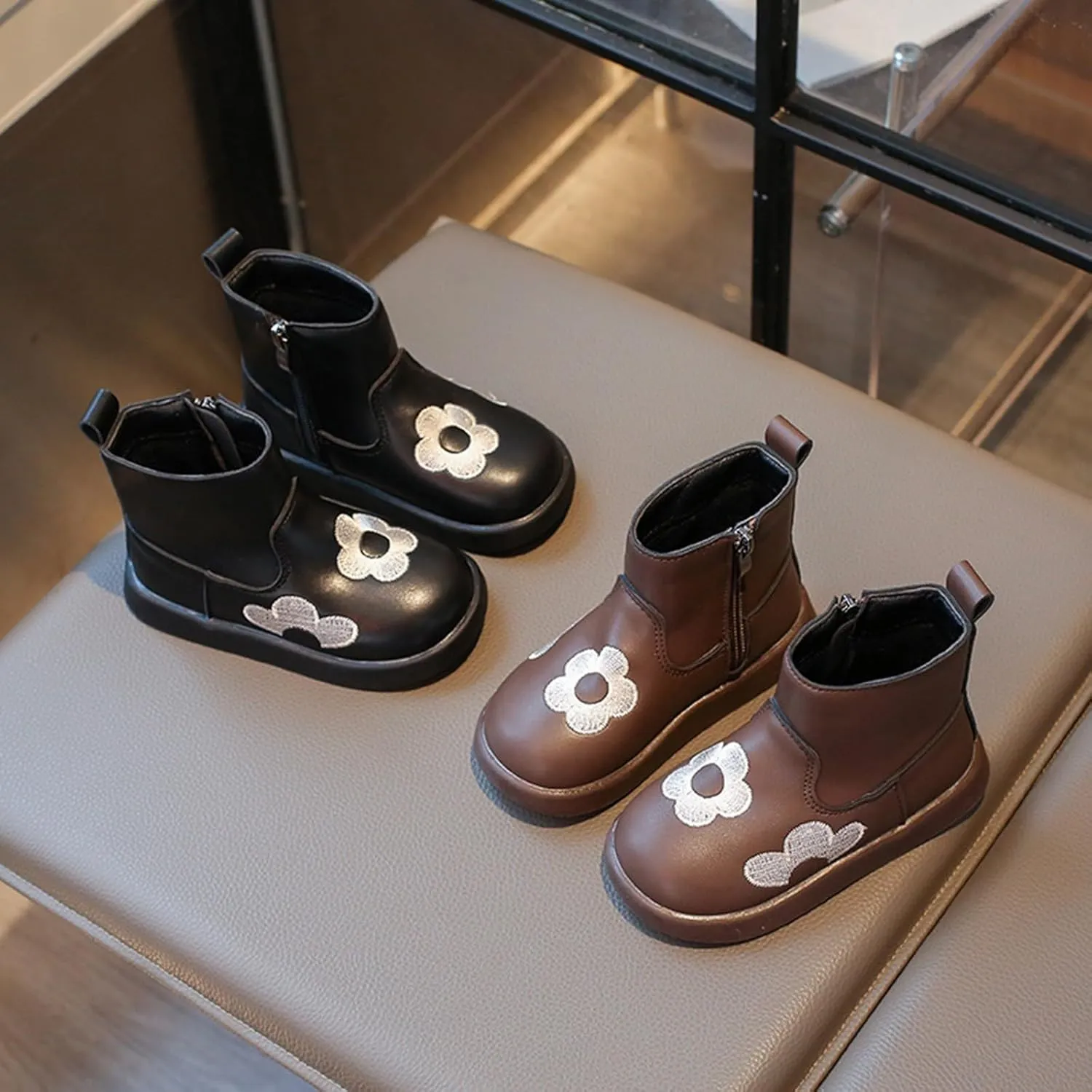 Toddler/Little Kid Girls Short Ankle Boots Flower Embroidery Side Zipper Dress Booties Casual School Flat Shoes
