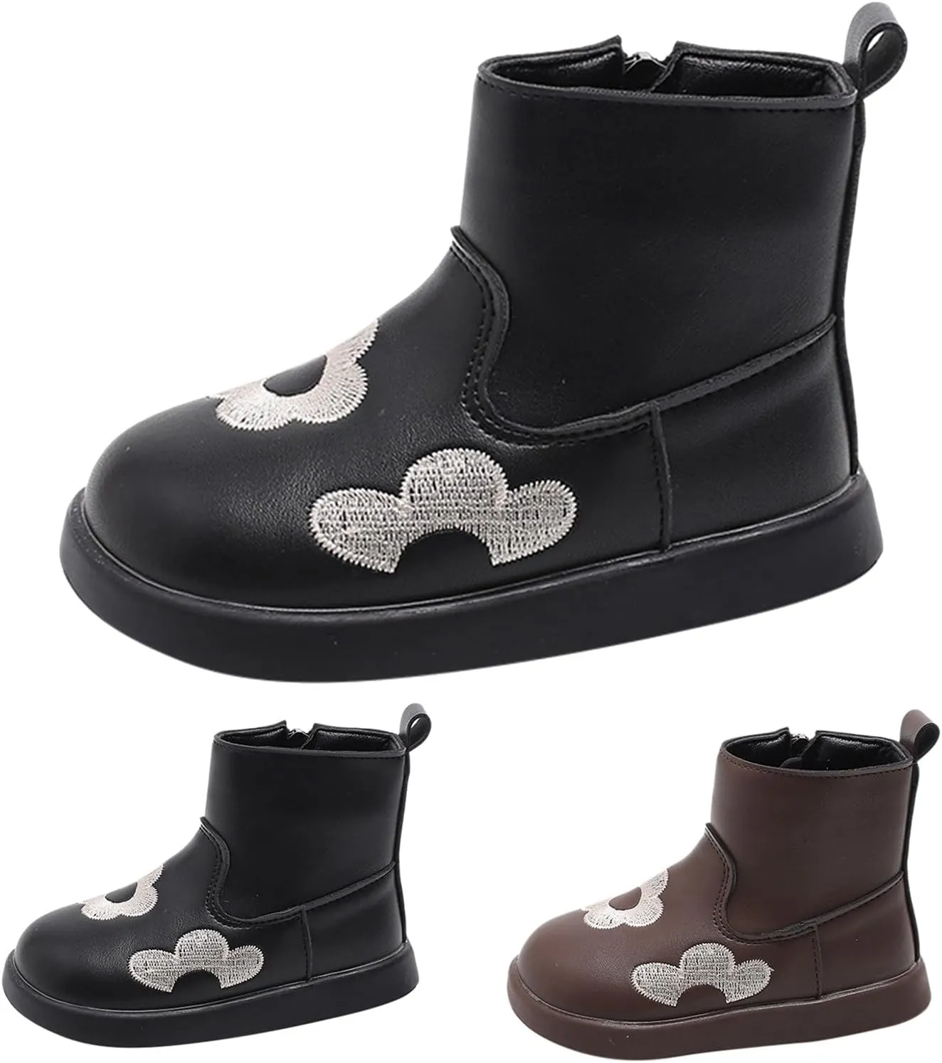 Toddler/Little Kid Girls Short Ankle Boots Flower Embroidery Side Zipper Dress Booties Casual School Flat Shoes