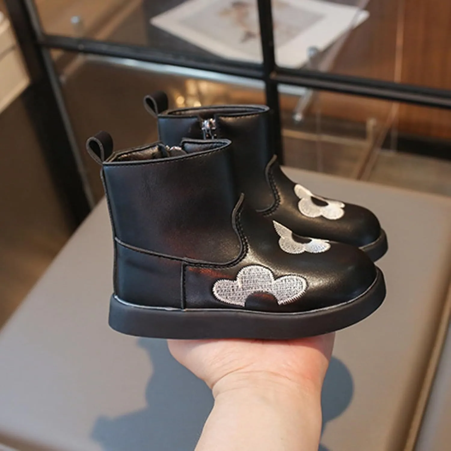 Toddler/Little Kid Girls Short Ankle Boots Flower Embroidery Side Zipper Dress Booties Casual School Flat Shoes